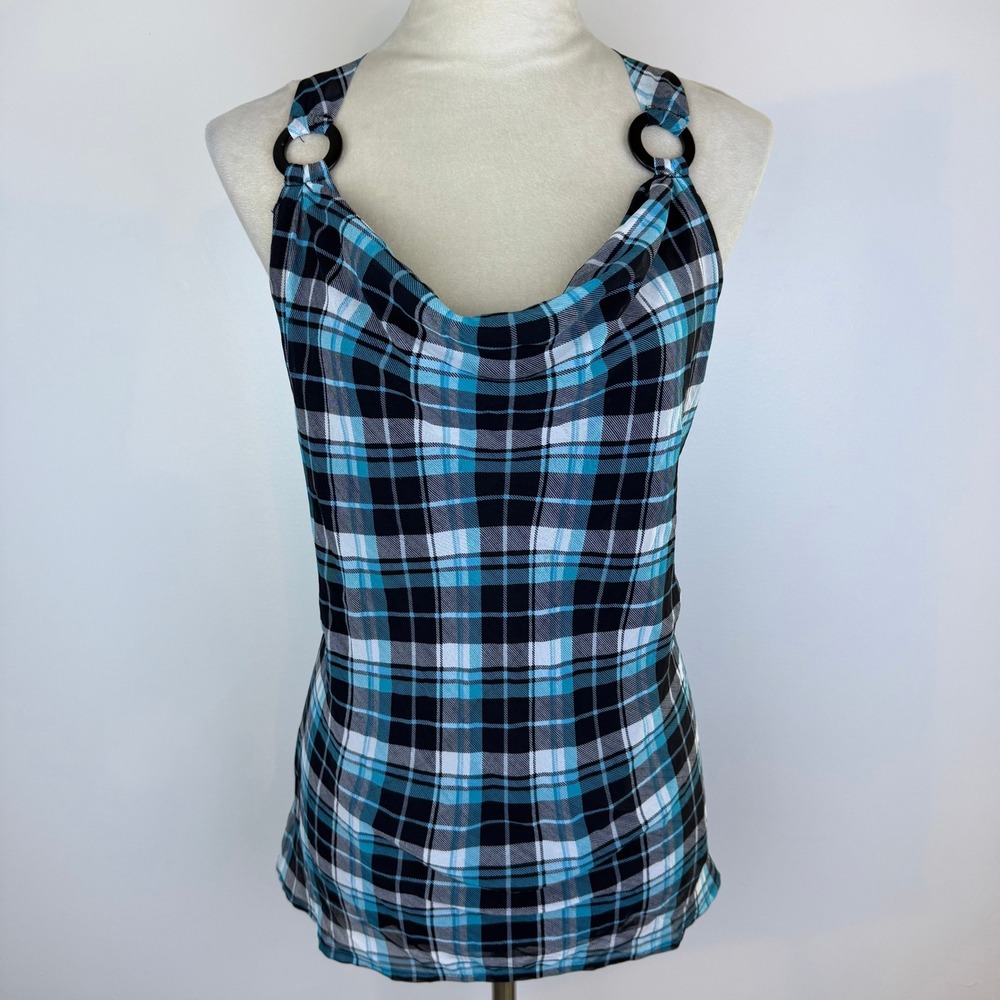 Y2K Vanity Womens Teal Black Plaid Cowl Neck Tank Top O-Ring Racerback Size XL